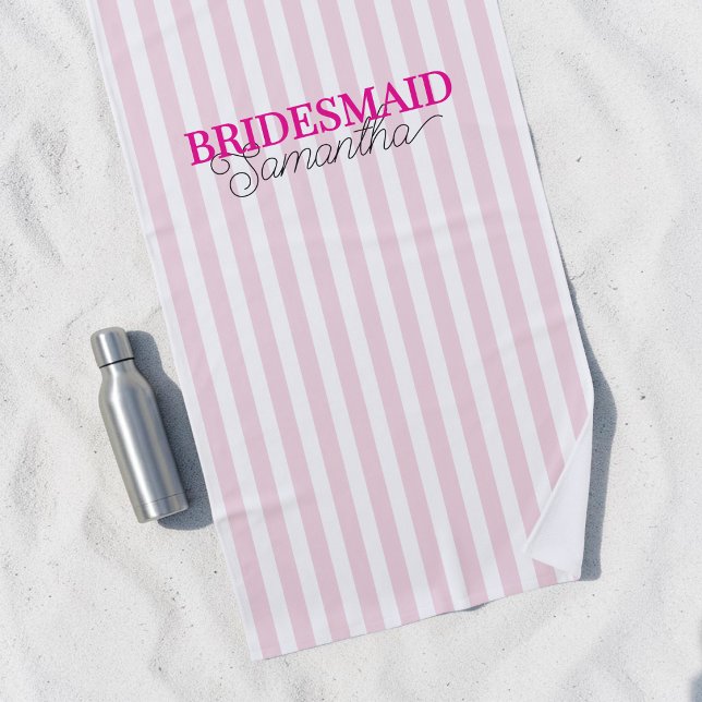 Pink Striped Personalised Script Name Bridesmaid Beach Towel (Pink Striped Personalized Script Name Bridesmaid Beach Towel)