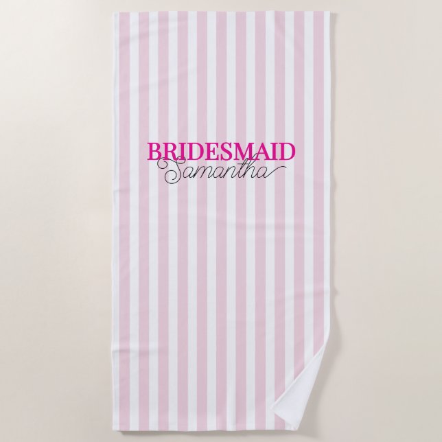 Pink Striped Personalised Script Name Bridesmaid Beach Towel (Front)