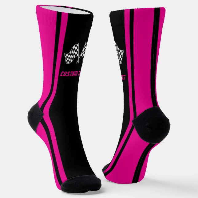 Pink Striped Racing Car Flags - Personalised Socks (Angled)