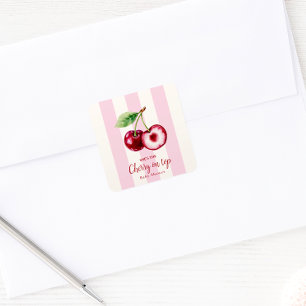 Pink Striped "She's the Cherry on Top" Baby Shower Square Sticker