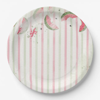 Pink Striped Watermelon First Birthday Party Invit Paper Plate
