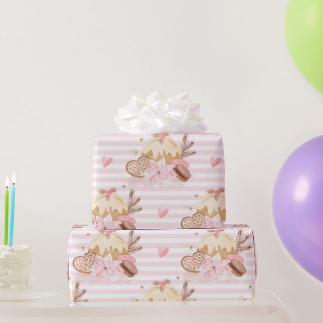 Pink Striped Winter Dessert Christmas Pattern Wrapping Paper (Party Gifts)