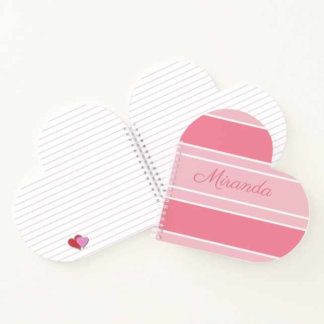 Pink Striped Your Name Modern Heart Shaped Notebook (Inside)