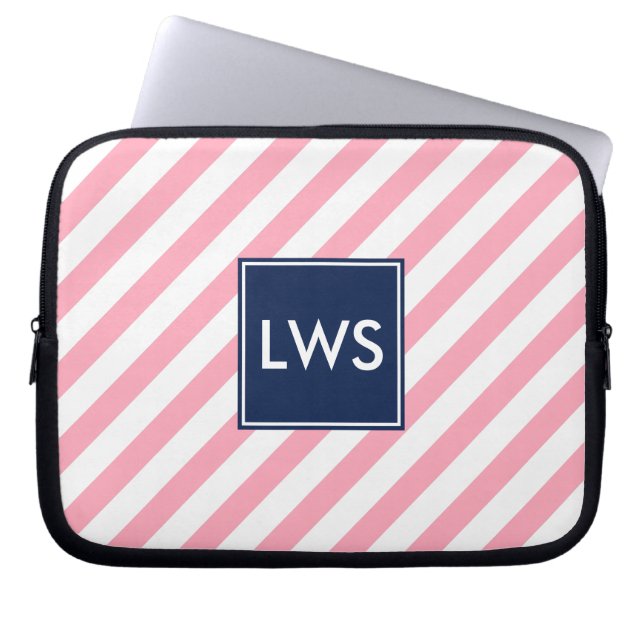 Pink Stripes and Blue Monogram Laptop Sleeve (Front)