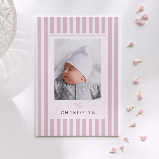 Pink Stripes and Bow Baby Birth  Announcement (Creator Uploaded)