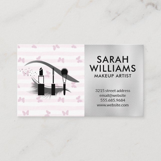 Pink Stripes and Butterflies | Makeup Kit Eyelash Business Card (Front)