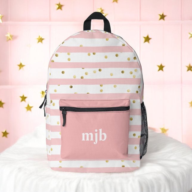 Pink Stripes and Dots with Monogram Cute Girls Printed Backpack (Personalize with your monogram initials.)