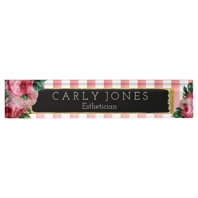 Pink Stripes and Floral Desk Nameplate (Front)