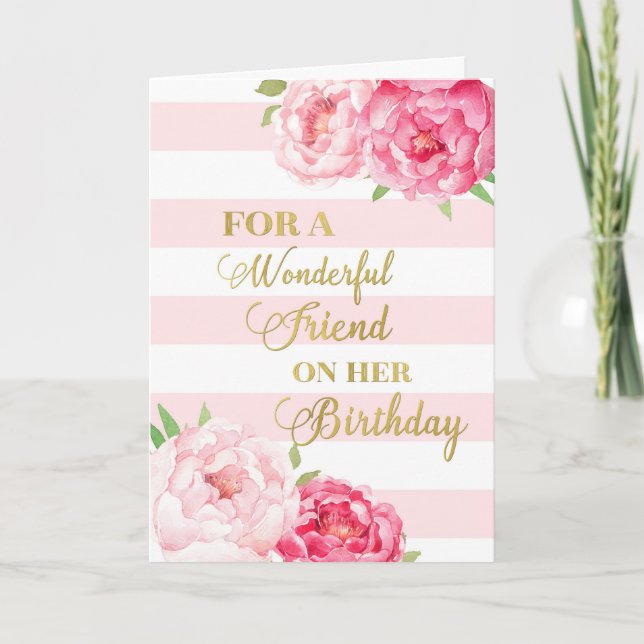 Pink Stripes and Flowers Friend Birthday Card (Front)