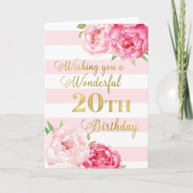 Pink Stripes and Flowers Happy 20th Birthday Card (Front)