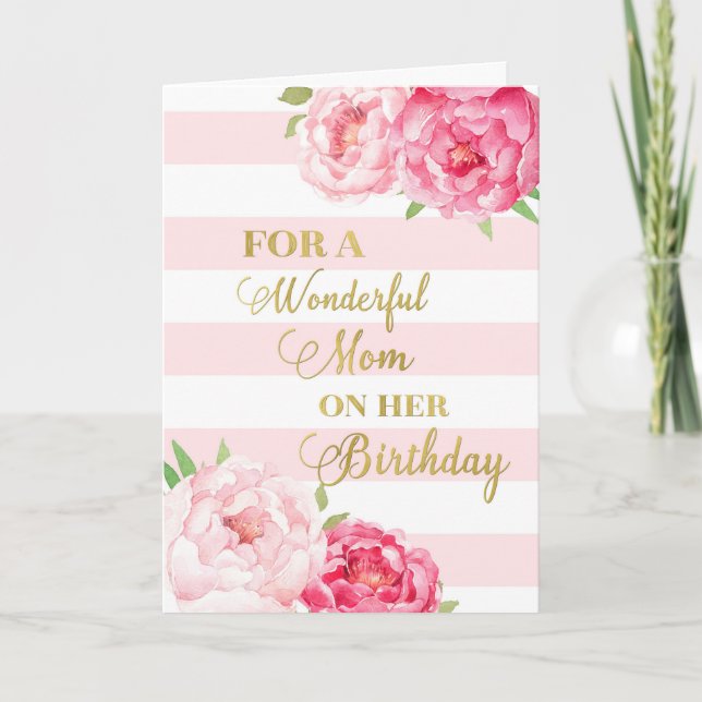 Pink Stripes and Flowers Mom Birthday Card (Front)