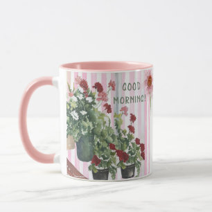 PINK STRIPES AND HAND PAINTED WATERCOLOR FLOWERS   MUG