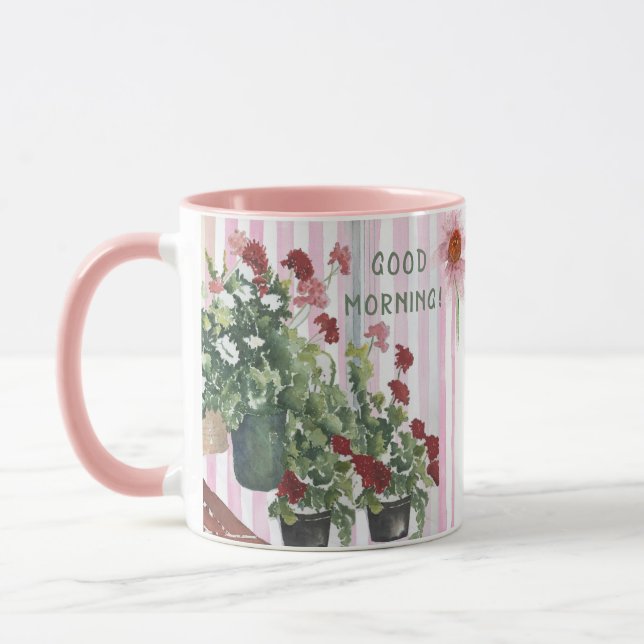 PINK STRIPES AND HAND PAINTED WATERCOLOR FLOWERS   MUG (Left)