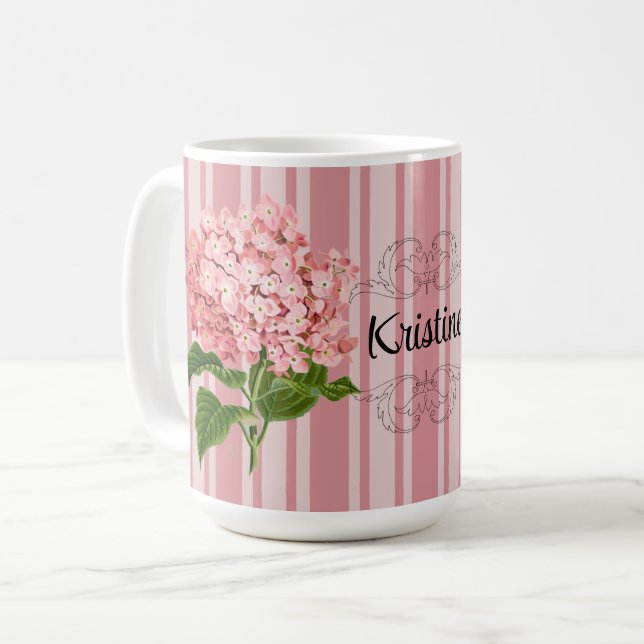 Pink Stripes and Hydrangea Add a Name Coffee Mug (Front Left)