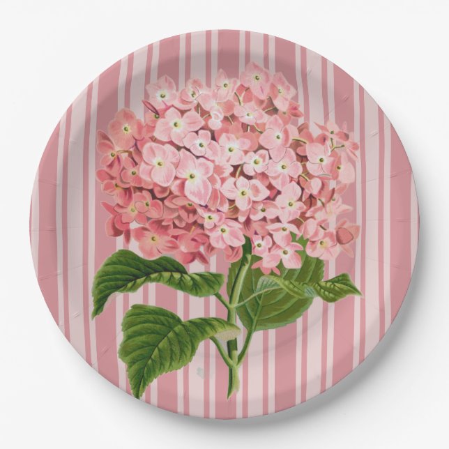Pink Stripes and Hydrangea Paper Plate (Front)