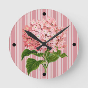 Pink Stripes and Hydrangea Round Clock