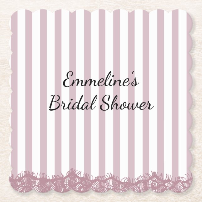 Pink Stripes and Lace Bridal Shower Paper Coaster (Front)