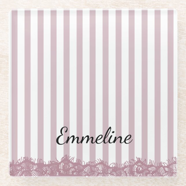 Pink Stripes and Lace  Glass Coaster (Front)