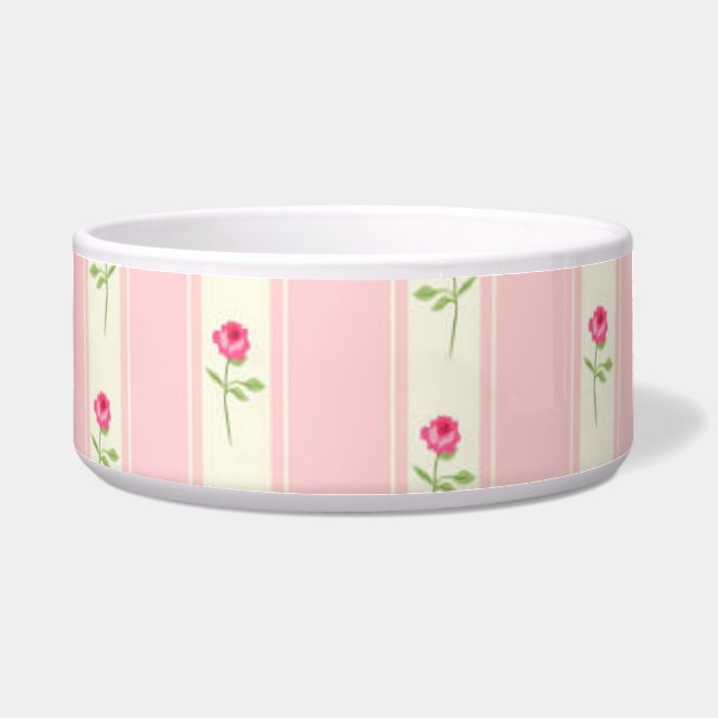 Pink Stripes and Pink Flowers Dog Food Bowl (Front)