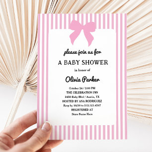 Pink Stripes and Pretty Bow Baby Shower Invitation