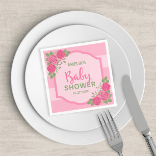 Pink Stripes and Roses Girl Baby Shower Napkin