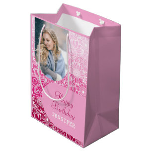 Pink Stripes Arch Photo Floral Birthday Medium Gift Bag
