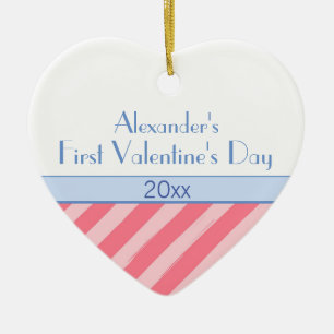 Pink Stripes Baby Boy Photo First Valentine's Day Ceramic Tree Decoration