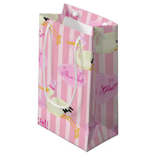 Pink Stripes Baby girl stork Small Gift Bag