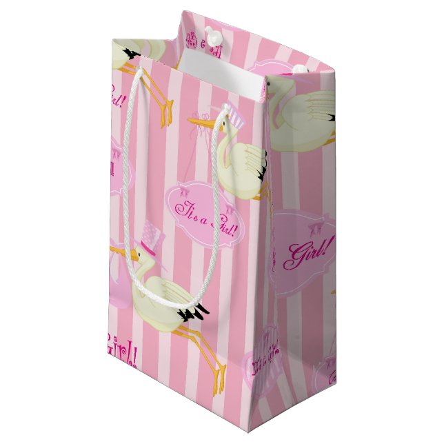 Pink Stripes Baby girl stork Small Gift Bag (Front Angled)