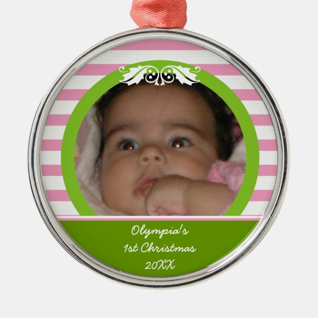 Pink stripes Baby’s 1st Christmas photo Ornament (Front)
