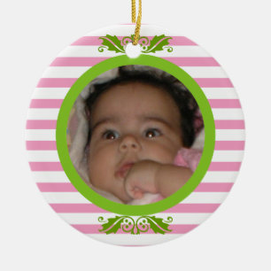 Pink stripes Baby’s 1st Christmas photo Ornament