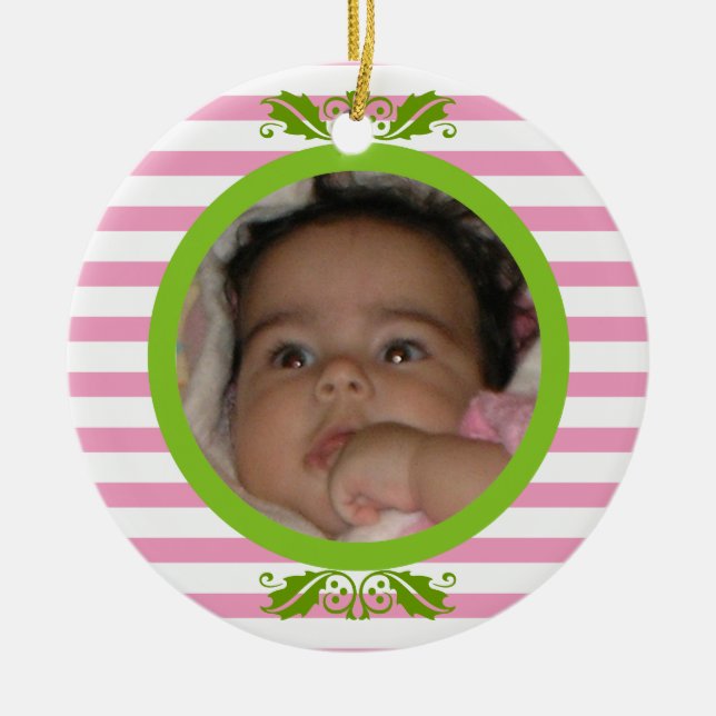 Pink stripes Baby’s 1st Christmas photo Ornament (Front)