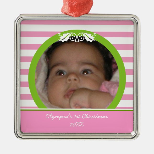 Pink stripes Baby’s 1st Christmas photo Ornament (Front)