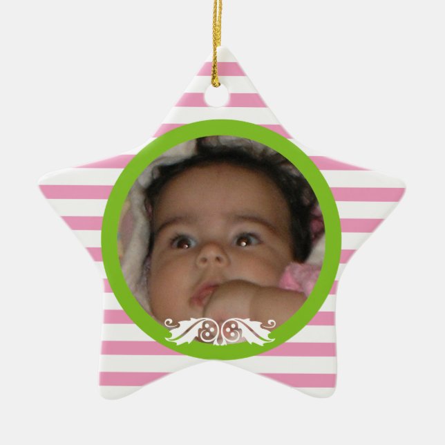 Pink stripes Baby’s 1st Christmas photo Ornament (Front)