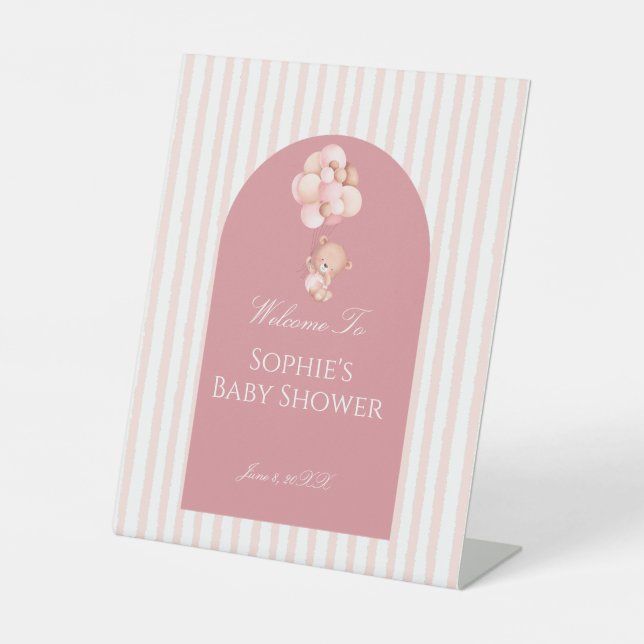 Pink Stripes Balloons Cute Teddy Bear Welcome Pedestal Sign (Front)