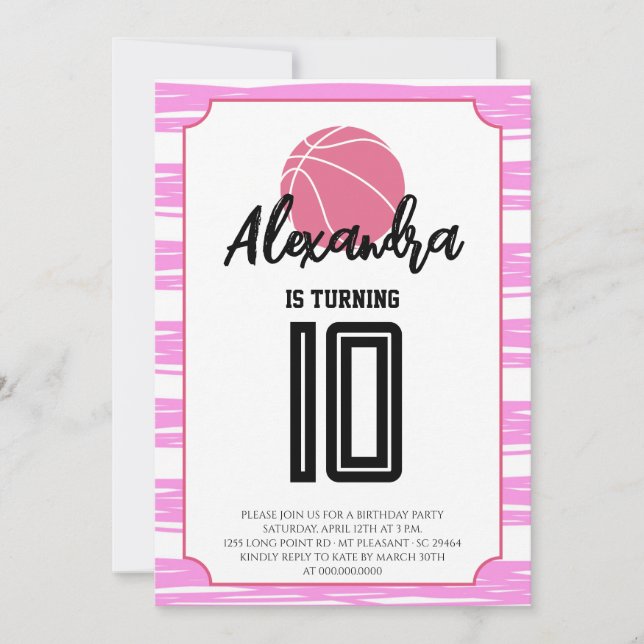 Pink Stripes Basketball Birthday Invitation (Front)