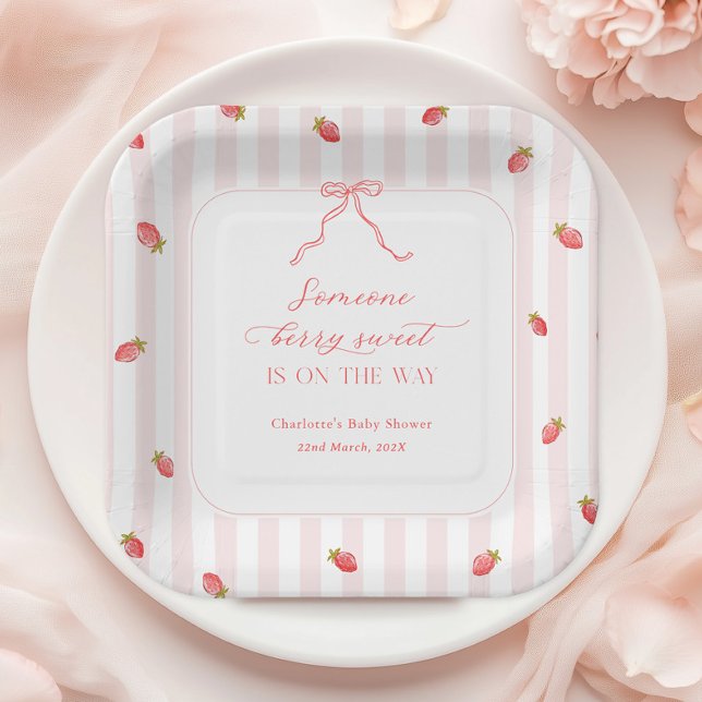 Pink Stripes Berry Sweet Baby Shower Paper Plate (Creator Uploaded)