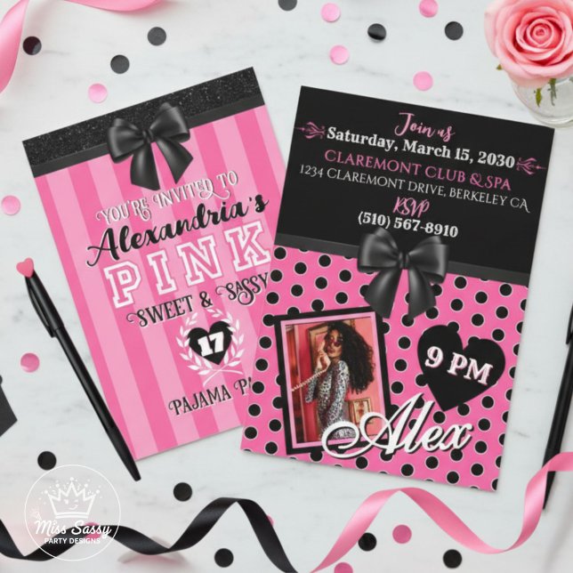 PINK Stripes Black Birthday Party Any Age Photo Invitation (Top-down view of Pink Stripes Black Birthday Invitation showing front and back, pink and black color)