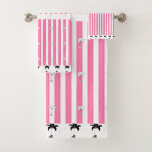 Pink Stripes Black Floral  Bath Towel Set