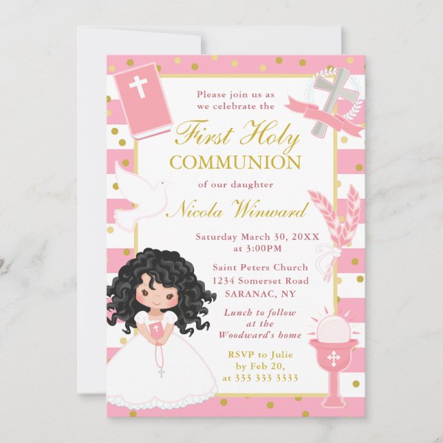 Pink Stripes Black Hair Girl First Holy Communion Invitation (Front)