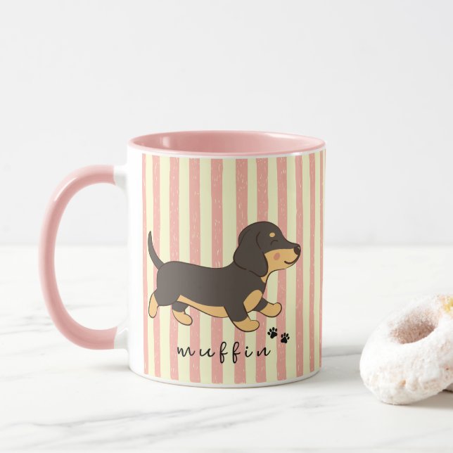 Pink Stripes Black Tan Dachshund Name  Mug (With Donut)