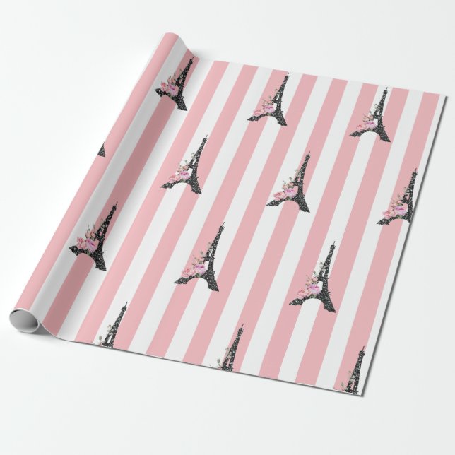 Pink stripes bleck Eiffel tower Paris theme Wrapping Paper (Unrolled)