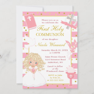 Pink Stripes Blonde Hair Girl First Holy Communion Invitation