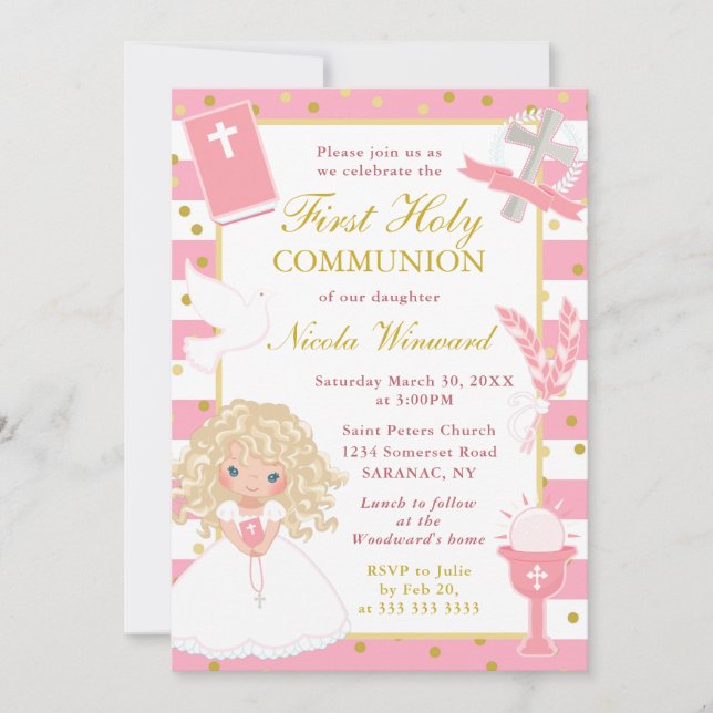 Pink Stripes Blonde Hair Girl First Holy Communion Invitation (Front)