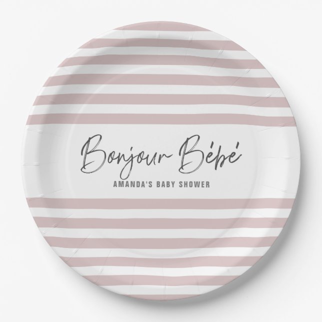 Pink Stripes Bonjour Bebe Paper Plate (Front)