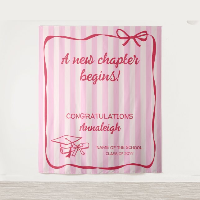 Pink Stripes Bow A New Chapter Graduation Tapestry (Front)