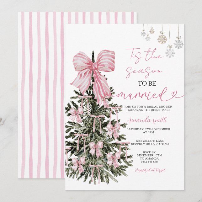 Pink Stripes Bow Christmas Tree Couple Wedding Invitation (Front/Back)