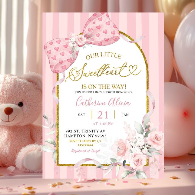 Pink Stripes Bow Coquette Sweetheart Baby Shower Invitation (Creator Uploaded)
