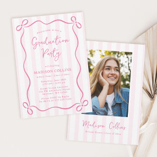 Pink Stripes Bow Frame Graduation Party Photo Invitation