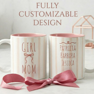Pink Stripes & bow Girl Mom & Custom Kids Names Two-Tone Coffee Mug